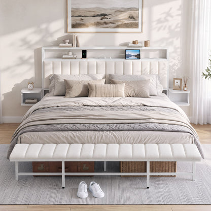 Artiss King Metal Bed Frame Boucle Headboard Charging Station Side Table White-Furniture > Bedroom > Beds &amp; Bed Frames-PEROZ Accessories