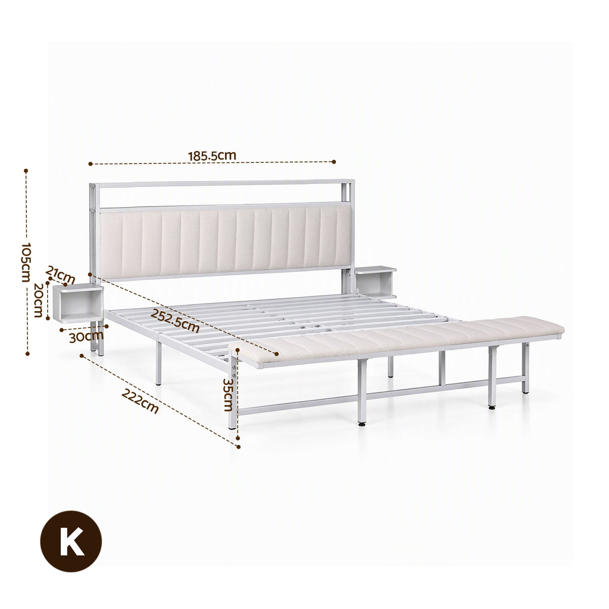 Artiss King Metal Bed Frame Boucle Headboard Charging Station Side Table White-Furniture > Bedroom > Beds &amp; Bed Frames-PEROZ Accessories