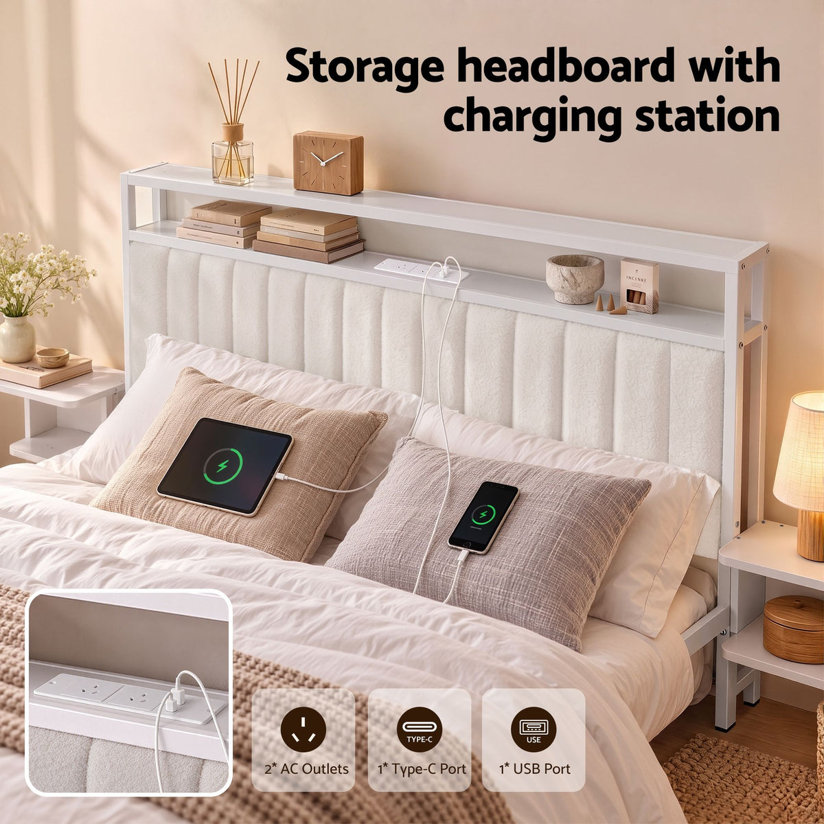 Artiss King Metal Bed Frame Boucle Headboard Charging Station Side Table White-Furniture > Bedroom > Beds &amp; Bed Frames-PEROZ Accessories