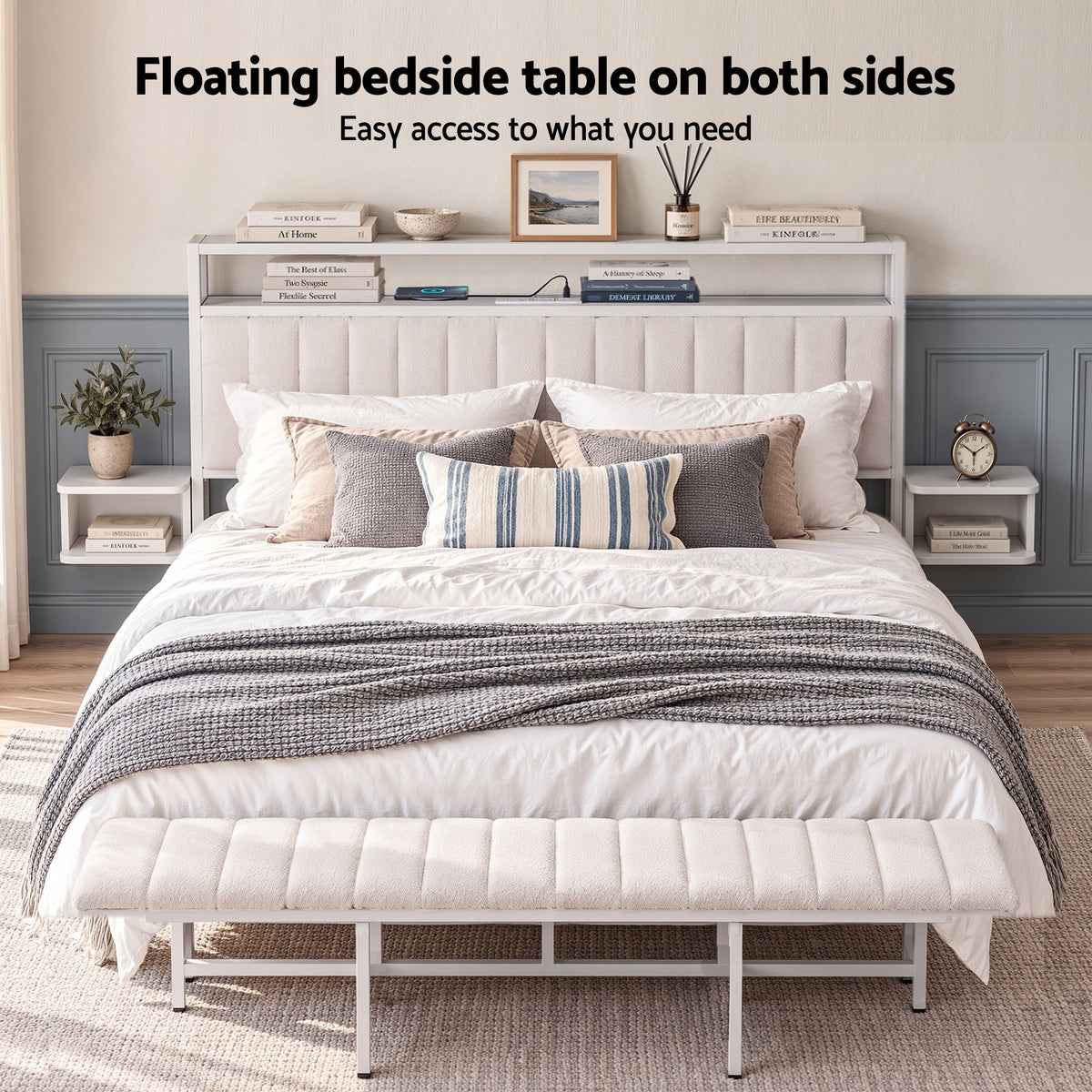Artiss King Metal Bed Frame Boucle Headboard Charging Station Side Table White-Furniture > Bedroom > Beds &amp; Bed Frames-PEROZ Accessories