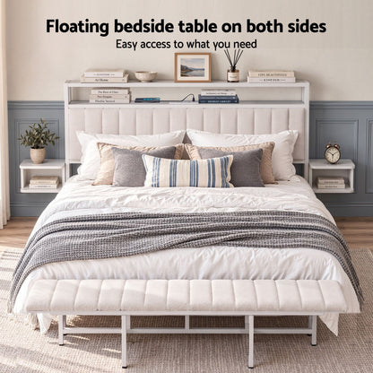 Artiss King Metal Bed Frame Boucle Headboard Charging Station Side Table White-Furniture > Bedroom > Beds &amp; Bed Frames-PEROZ Accessories