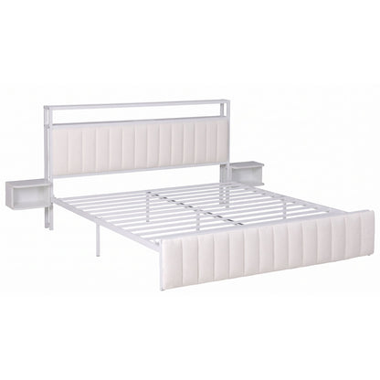 Artiss King Metal Bed Frame Boucle Headboard Charging Station Side Table White-Furniture > Bedroom > Beds &amp; Bed Frames-PEROZ Accessories