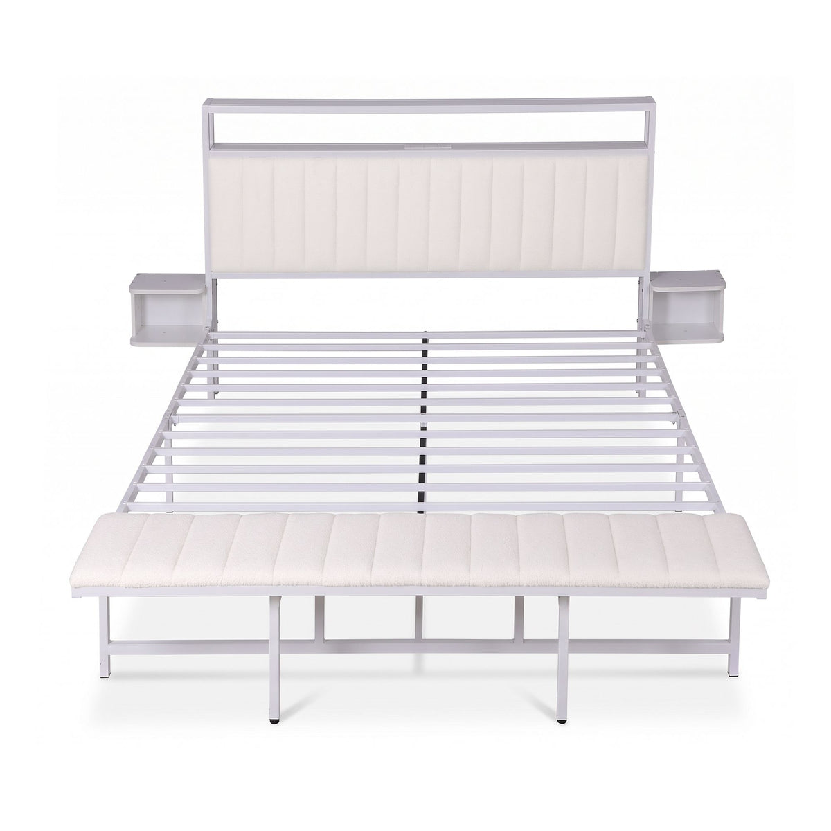 Artiss King Metal Bed Frame Boucle Headboard Charging Station Side Table White-Furniture > Bedroom > Beds &amp; Bed Frames-PEROZ Accessories