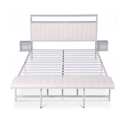 Artiss King Metal Bed Frame Boucle Headboard Charging Station Side Table White-Furniture > Bedroom > Beds &amp; Bed Frames-PEROZ Accessories