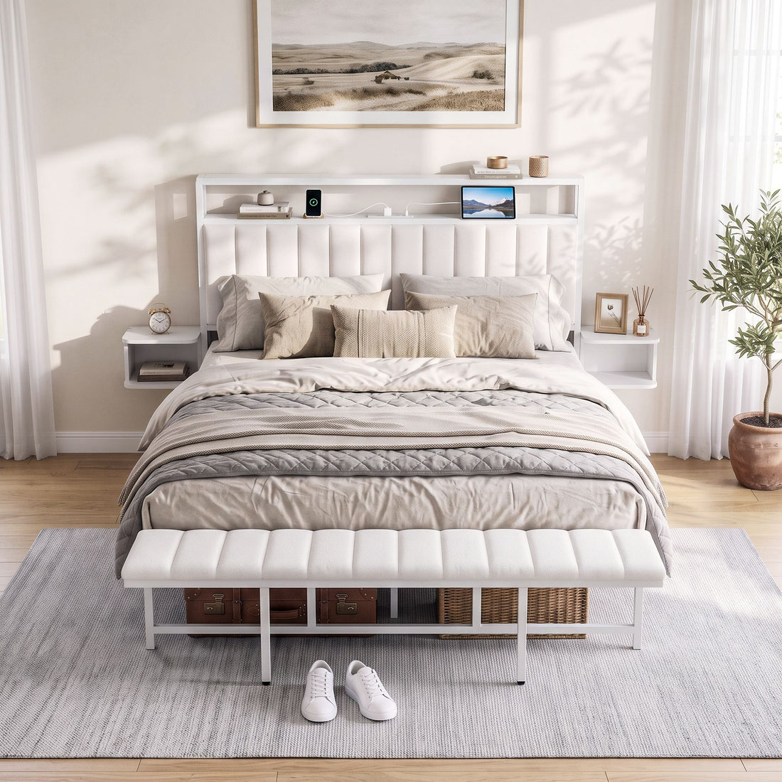 Artiss Queen Metal Bed Frame Boucle Headboard Charging Station Side Table White-Furniture > Bedroom > Beds &amp; Bed Frames-PEROZ Accessories