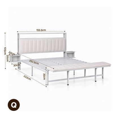 Artiss Queen Metal Bed Frame Boucle Headboard Charging Station Side Table White-Furniture > Bedroom > Beds &amp; Bed Frames-PEROZ Accessories