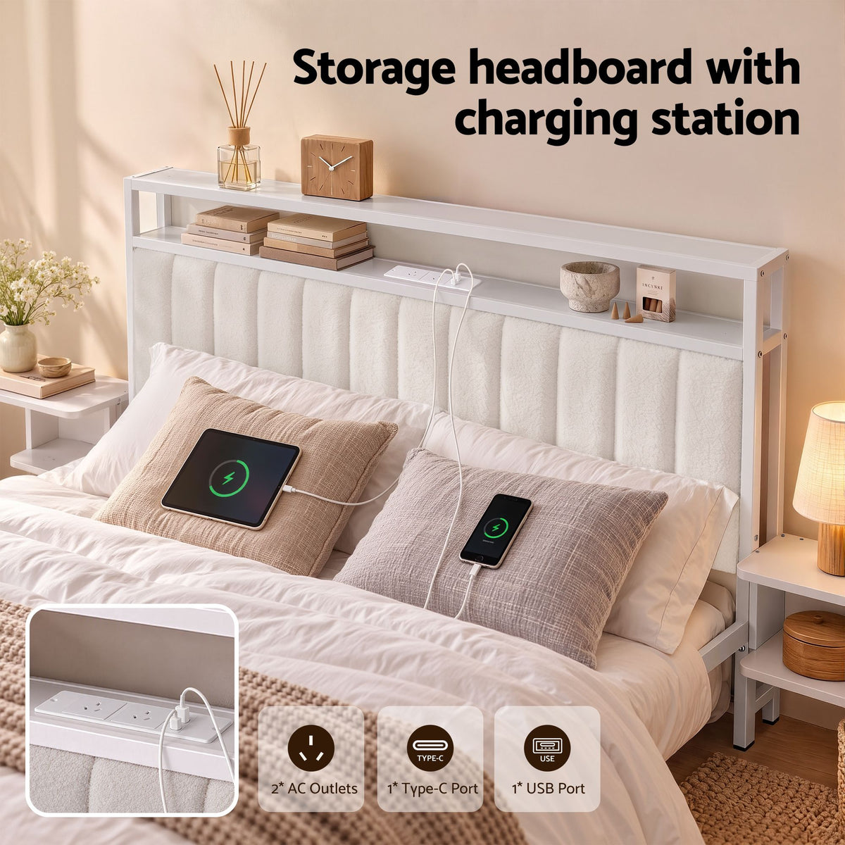 Artiss Queen Metal Bed Frame Boucle Headboard Charging Station Side Table White-Furniture > Bedroom > Beds &amp; Bed Frames-PEROZ Accessories