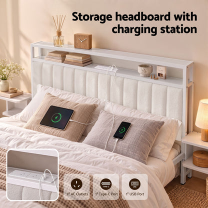 Artiss Queen Metal Bed Frame Boucle Headboard Charging Station Side Table White-Furniture > Bedroom > Beds &amp; Bed Frames-PEROZ Accessories