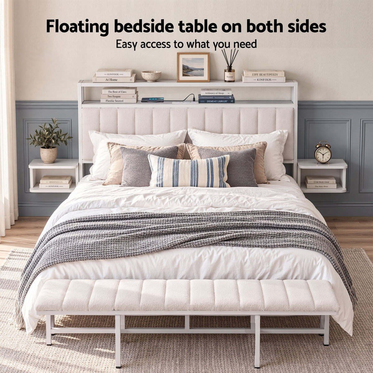 Artiss Queen Metal Bed Frame Boucle Headboard Charging Station Side Table White-Furniture > Bedroom > Beds &amp; Bed Frames-PEROZ Accessories