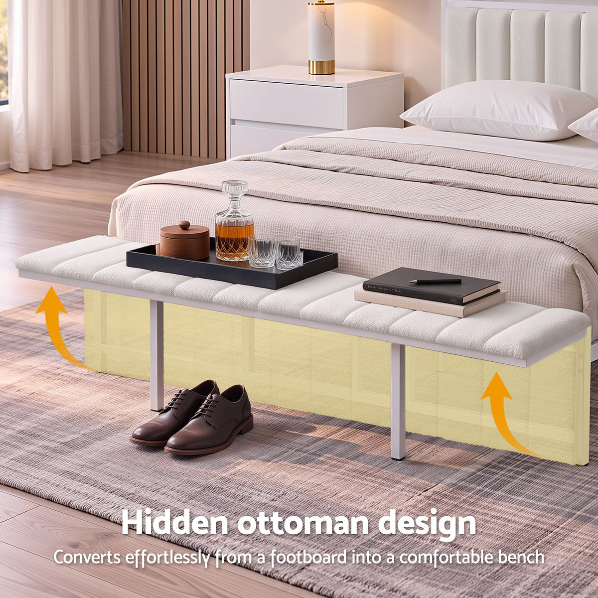 Artiss Queen Metal Bed Frame Boucle Headboard Charging Station Side Table White-Furniture > Bedroom > Beds &amp; Bed Frames-PEROZ Accessories