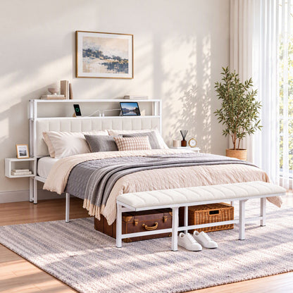 Artiss Queen Metal Bed Frame Boucle Headboard Charging Station Side Table White-Furniture > Bedroom > Beds &amp; Bed Frames-PEROZ Accessories