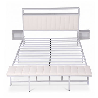 Artiss Queen Metal Bed Frame Boucle Headboard Charging Station Side Table White-Furniture > Bedroom > Beds &amp; Bed Frames-PEROZ Accessories