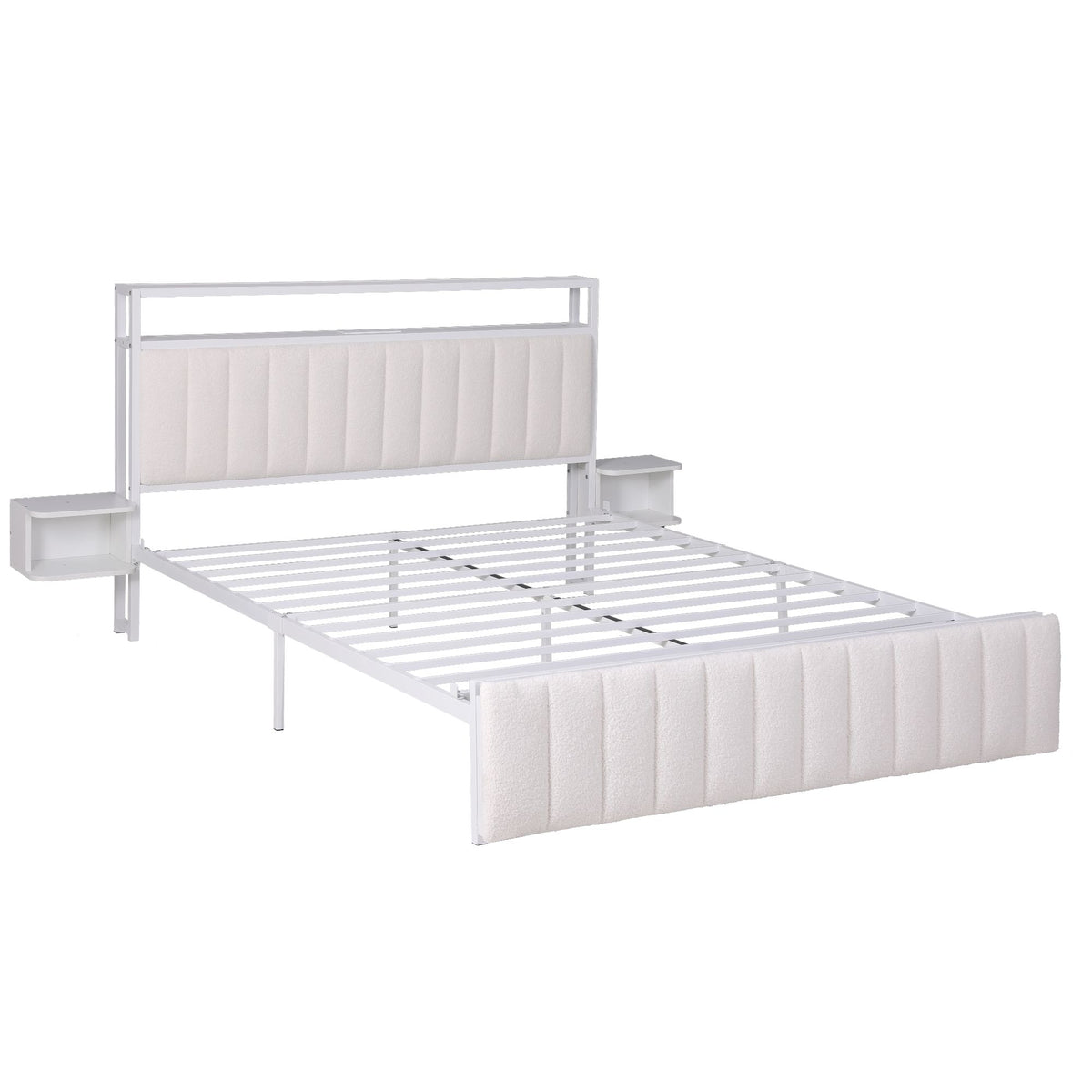 Artiss Queen Metal Bed Frame Boucle Headboard Charging Station Side Table White-Furniture > Bedroom > Beds &amp; Bed Frames-PEROZ Accessories