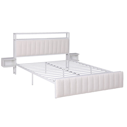 Artiss Queen Metal Bed Frame Boucle Headboard Charging Station Side Table White-Furniture > Bedroom > Beds &amp; Bed Frames-PEROZ Accessories