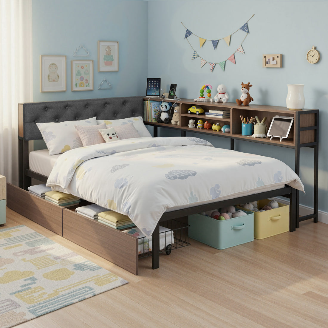 Artiss Bed Frame King Single Size with 2 Drawers and Charging Station Metal Corner Bed Base-Furniture > Bedroom > Beds &amp; Bed Frames-PEROZ Accessories