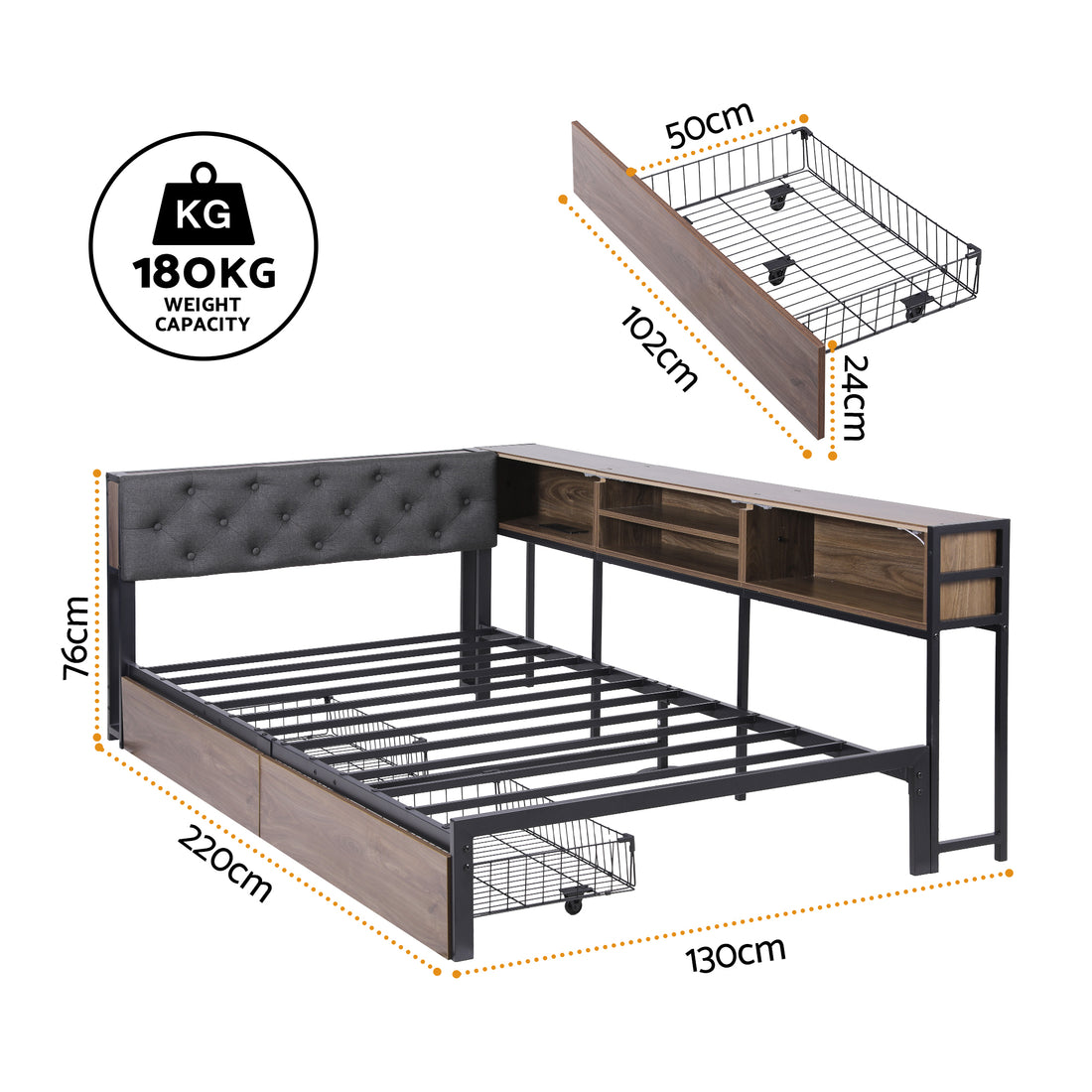 Artiss Bed Frame King Single Size with 2 Drawers and Charging Station Metal Corner Bed Base-Furniture > Bedroom > Beds &amp; Bed Frames-PEROZ Accessories
