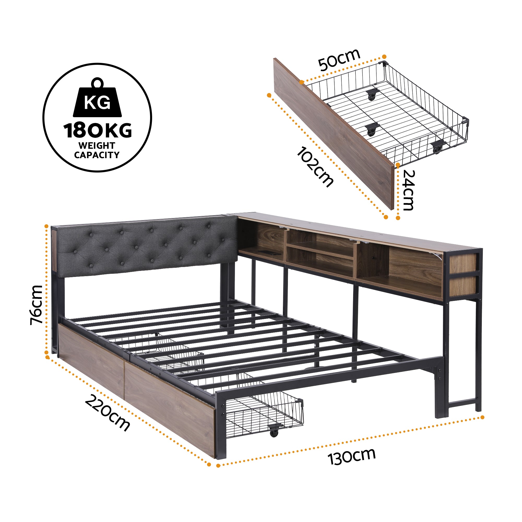Artiss Bed Frame King Single Size with 2 Drawers and Charging Station Metal Corner Bed Base-Furniture > Bedroom > Beds &amp; Bed Frames-PEROZ Accessories