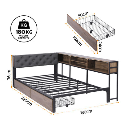 Artiss Bed Frame King Single Size with 2 Drawers and Charging Station Metal Corner Bed Base-Furniture > Bedroom > Beds &amp; Bed Frames-PEROZ Accessories