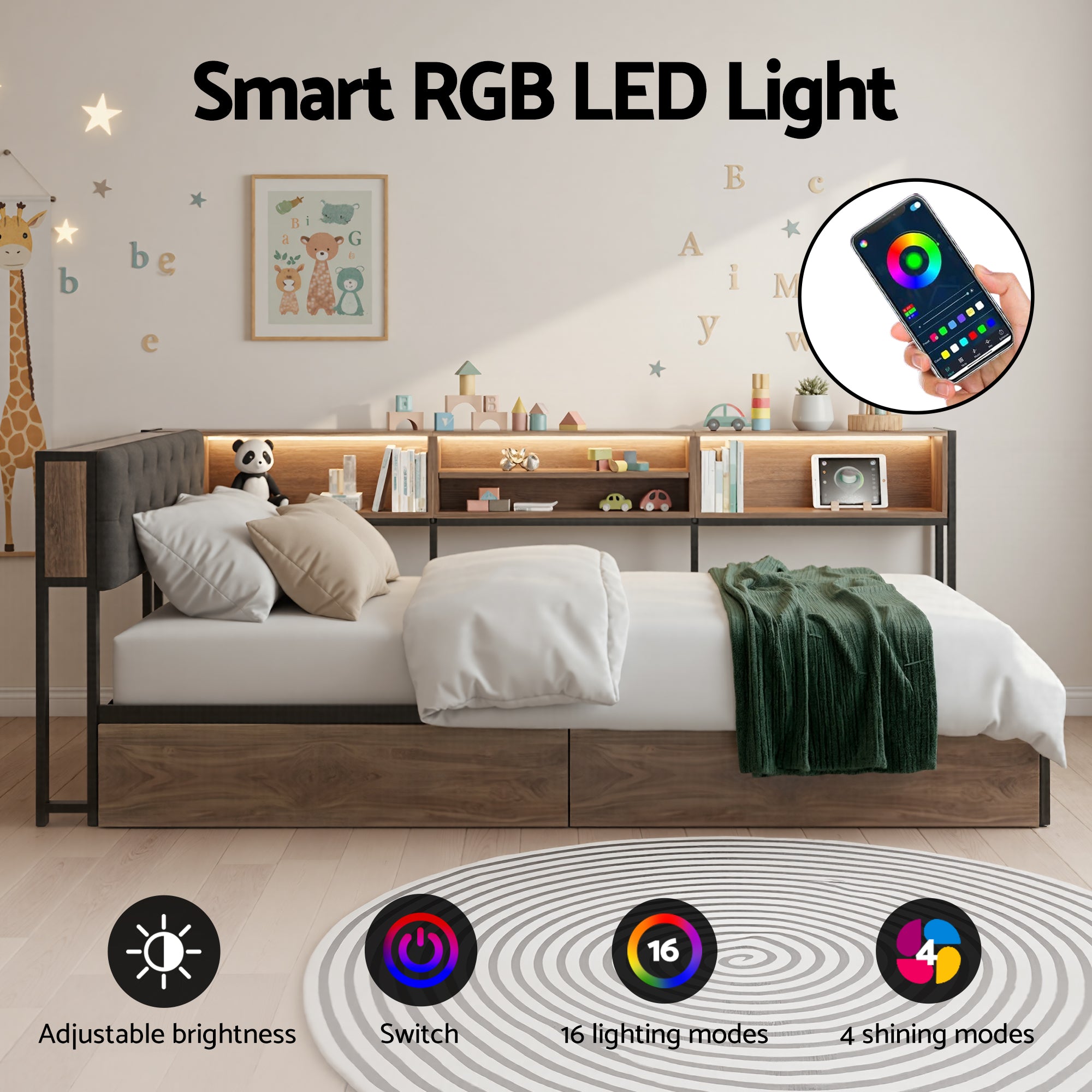 Artiss Bed Frame King Single Size with 2 Drawers and Charging Station Metal Corner Bed Base-Furniture > Bedroom > Beds &amp; Bed Frames-PEROZ Accessories