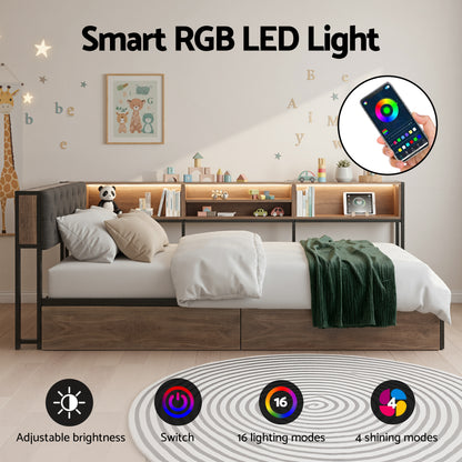 Artiss Bed Frame King Single Size with 2 Drawers and Charging Station Metal Corner Bed Base-Furniture > Bedroom > Beds &amp; Bed Frames-PEROZ Accessories