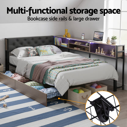 Artiss Bed Frame King Single Size with 2 Drawers and Charging Station Metal Corner Bed Base-Furniture > Bedroom > Beds &amp; Bed Frames-PEROZ Accessories