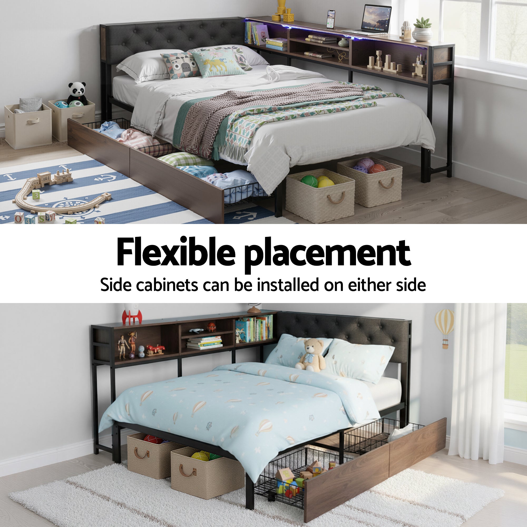 Artiss Bed Frame King Single Size with 2 Drawers and Charging Station Metal Corner Bed Base-Furniture > Bedroom > Beds &amp; Bed Frames-PEROZ Accessories