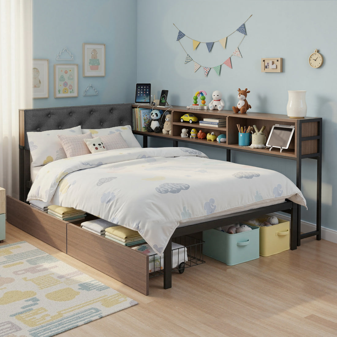 Artiss Bed Frame Single Size with 2 Drawers and Charging Station Metal Corner Bed Base-Furniture > Bedroom > Beds &amp; Bed Frames-PEROZ Accessories