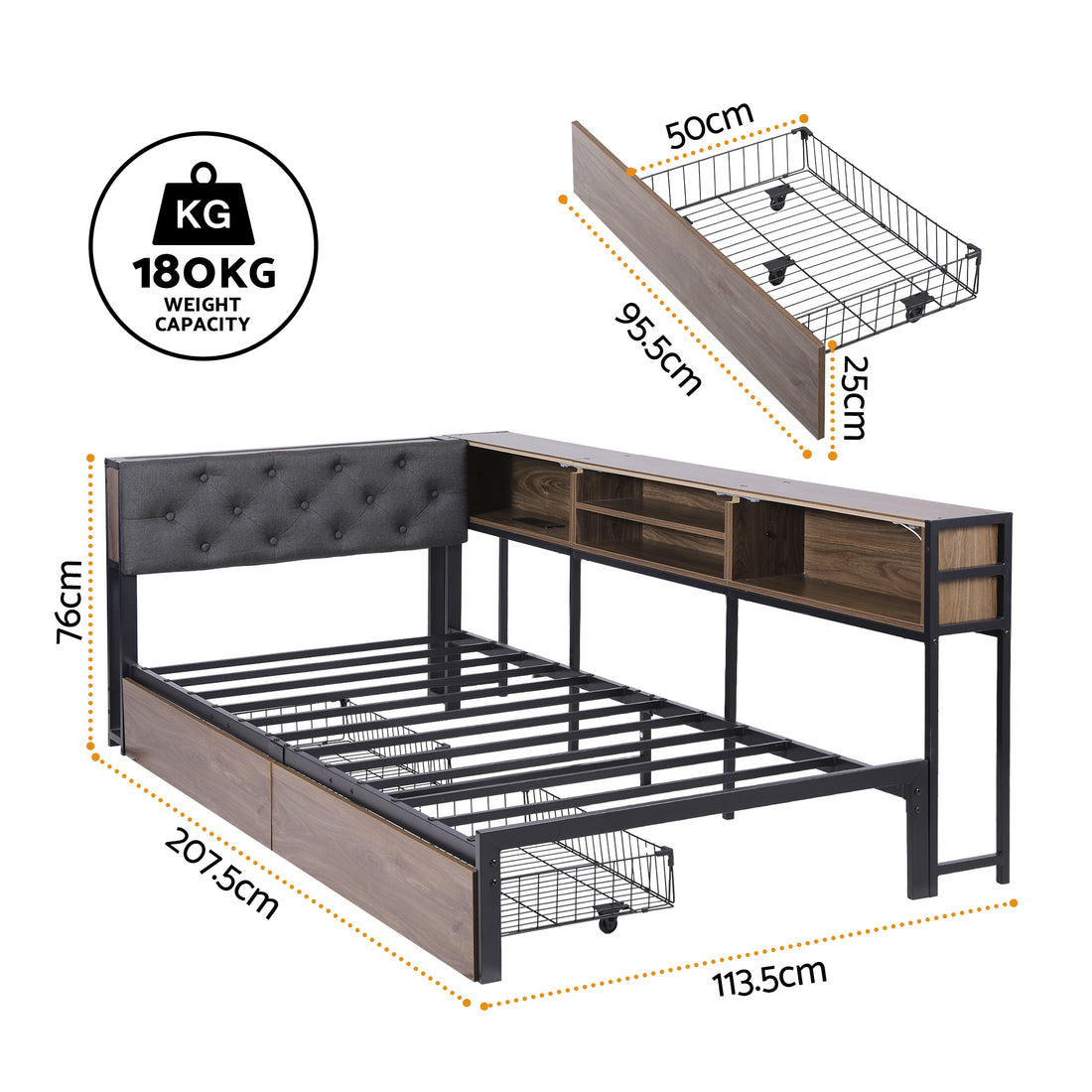 Artiss Bed Frame Single Size with 2 Drawers and Charging Station Metal Corner Bed Base-Furniture > Bedroom > Beds &amp; Bed Frames-PEROZ Accessories