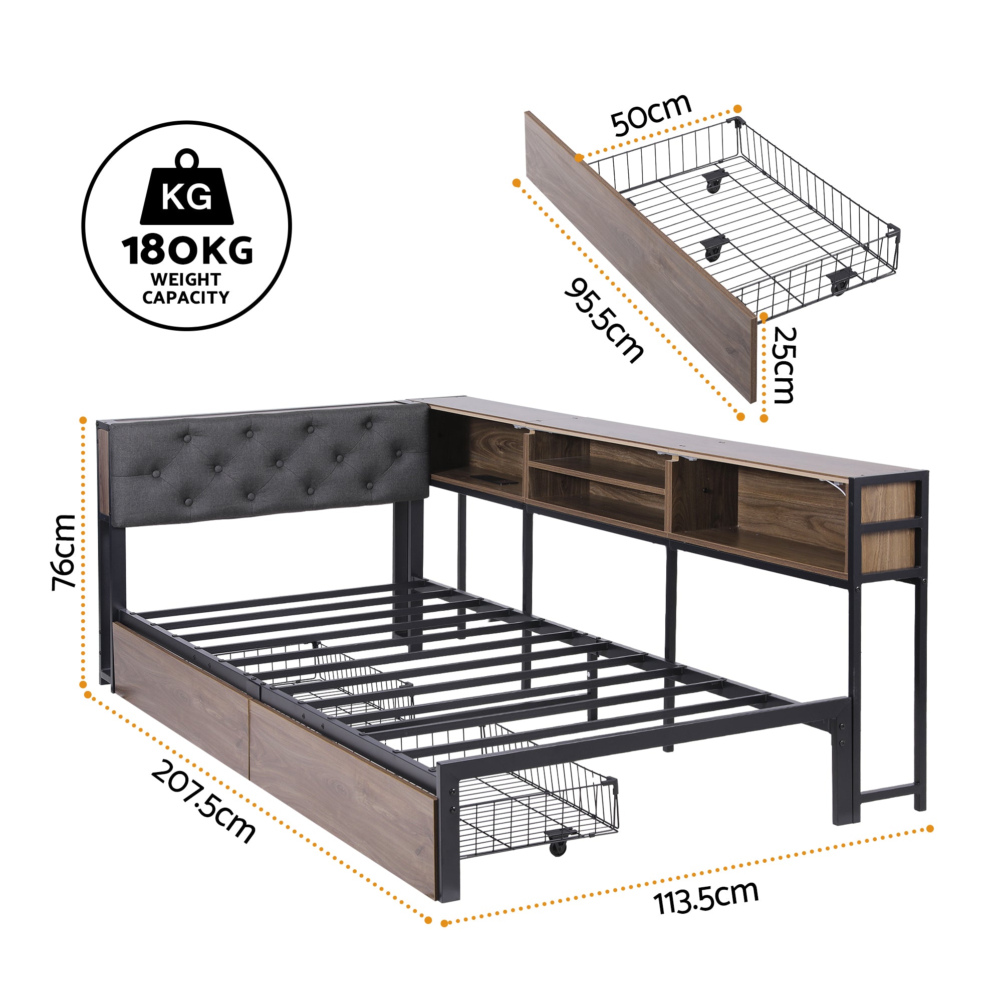 Artiss Bed Frame Single Size with 2 Drawers and Charging Station Metal Corner Bed Base-Furniture > Bedroom > Beds &amp; Bed Frames-PEROZ Accessories
