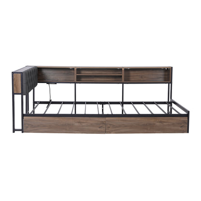 Artiss Bed Frame Single Size with 2 Drawers and Charging Station Metal Corner Bed Base-Furniture > Bedroom > Beds &amp; Bed Frames-PEROZ Accessories