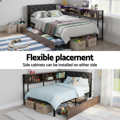 Artiss Bed Frame Single Size with 2 Drawers and Charging Station Metal Corner Bed Base-Furniture > Bedroom > Beds &amp; Bed Frames-PEROZ Accessories