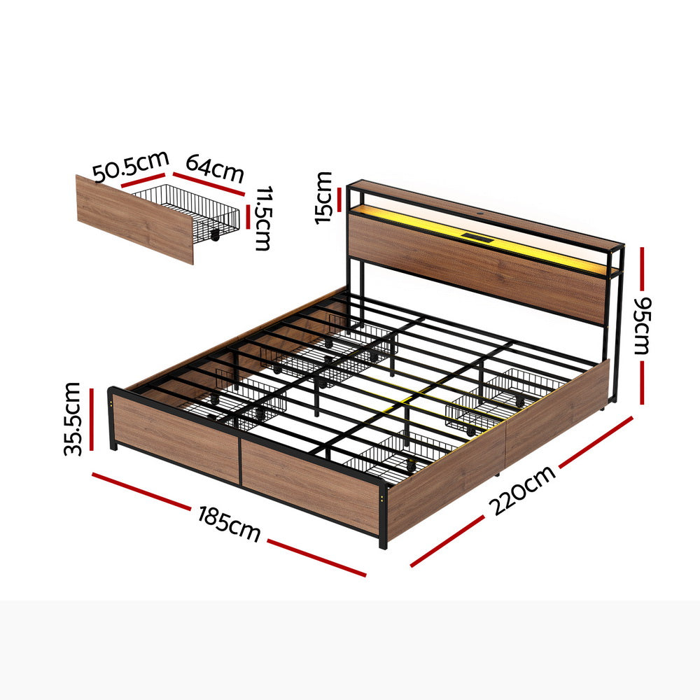 Artiss Metal Bed Frame King Size with 2-Tier Storage Headboard Metal Platform with 4 Storage Drawers Built in Charging Station &amp; LED Noise-Free/Metal Support/No Box Spring Needed Vintage Brown-Furniture &gt; Bedroom &gt; Beds &amp; Bed Frames-PEROZ Accessories