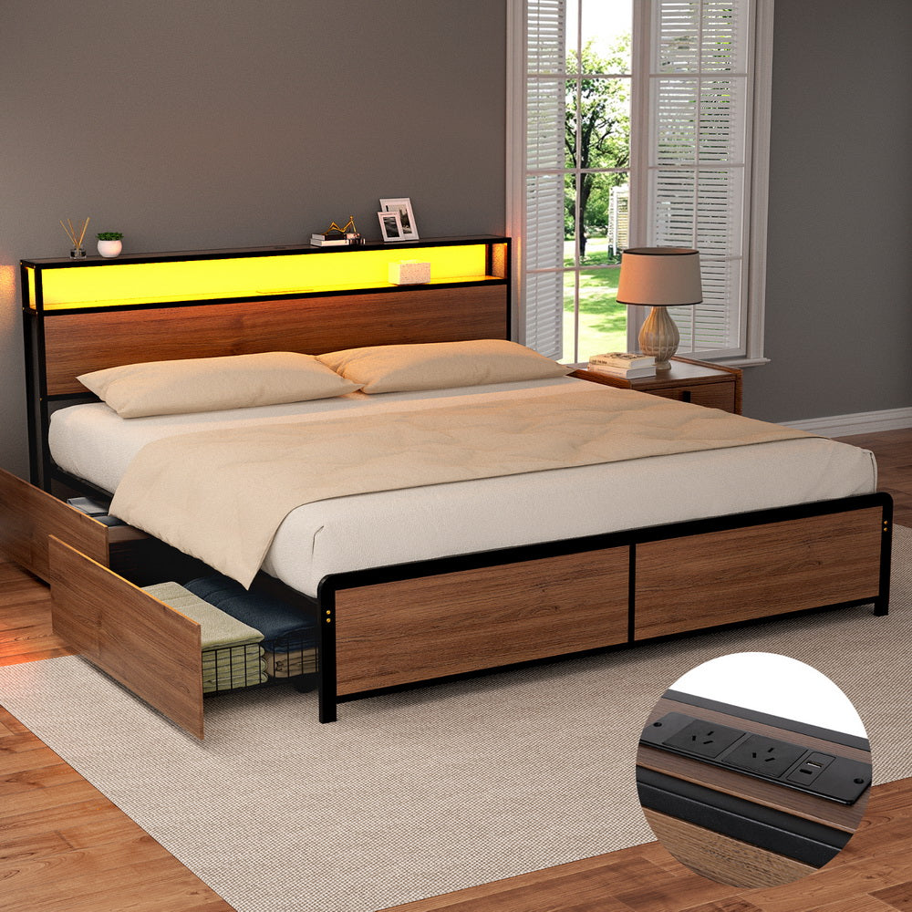 Artiss Metal Bed Frame King Size with 2-Tier Storage Headboard Metal Platform with 4 Storage Drawers Built in Charging Station &amp; LED Noise-Free/Metal Support/No Box Spring Needed Vintage Brown-Furniture > Bedroom > Beds &amp; Bed Frames-PEROZ Accessories