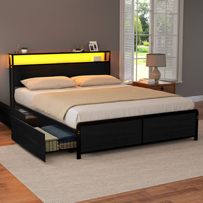 Artiss Metal Bed Frame Queen Size Storage Headboard Charge Station LED 4 Drawers-Furniture > Bedroom > Beds &amp; Bed Frames-PEROZ Accessories