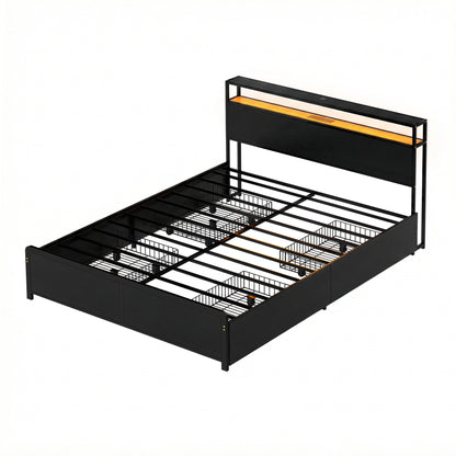 Artiss Metal Bed Frame Queen Size Storage Headboard Charge Station LED 4 Drawers-Furniture > Bedroom > Beds &amp; Bed Frames-PEROZ Accessories