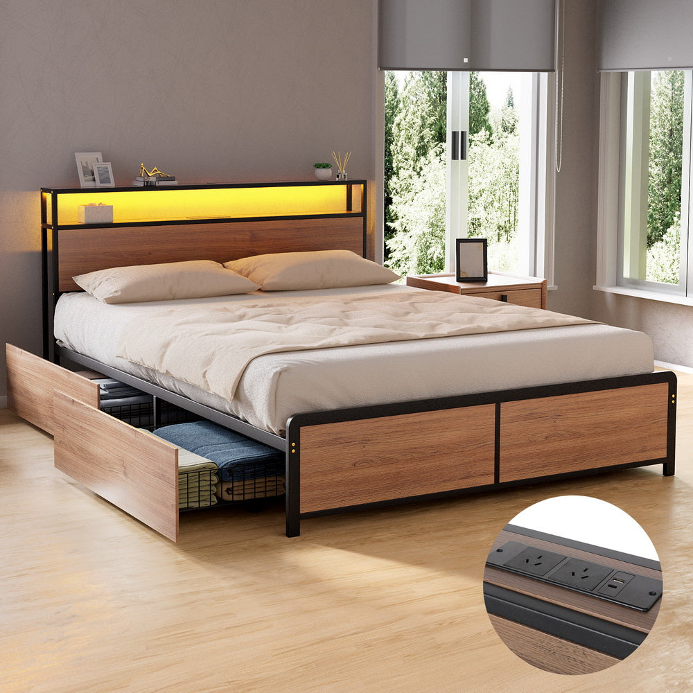 Artiss Metal Bed Frame Queen Size with 2-Tier Storage Headboard Metal Platform with 4 Storage Drawers Built in Charging Station &amp; LED Noise-Free/Metal Support/No Box Spring Needed Vintage Brown-Furniture > Bedroom > Beds &amp; Bed Frames-PEROZ Accessories