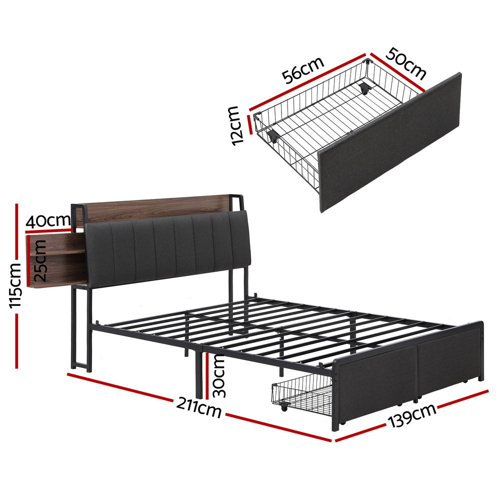Artiss Metal Bed Frame Double Size with 2-Tier Hidden Storage with Charging Station-Furniture > Bedroom > Beds &amp; Bed Frames-PEROZ Accessories