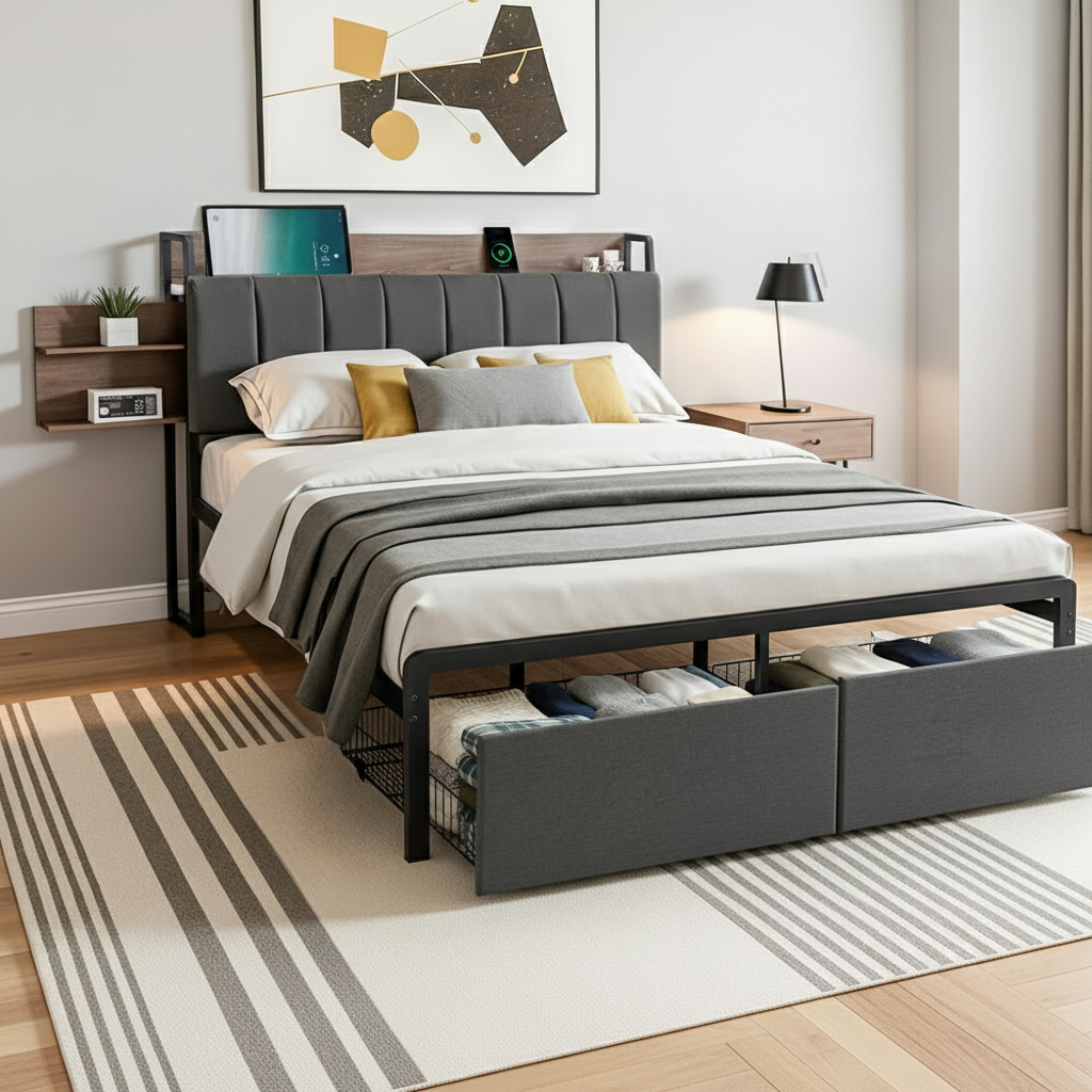 Artiss Metal Bed Frame Double Size with 2-Tier Hidden Storage with Charging Station-Furniture > Bedroom > Beds &amp; Bed Frames-PEROZ Accessories