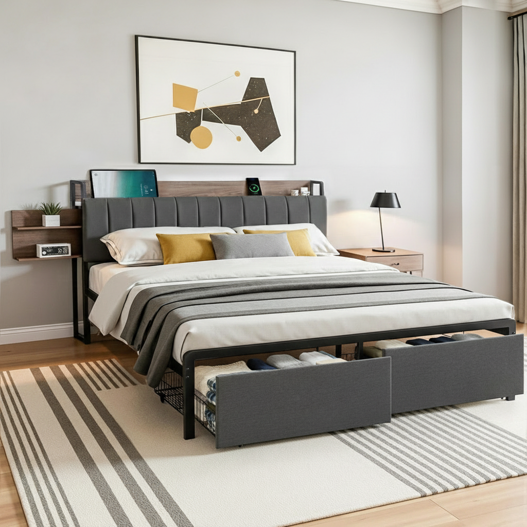 Artiss Metal Bed Frame King Size with 2-Tier Hidden Storage with Charging Station-Furniture > Bedroom > Beds &amp; Bed Frames-PEROZ Accessories