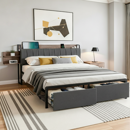 Artiss Metal Bed Frame King Size with 2-Tier Hidden Storage with Charging Station-Furniture > Bedroom > Beds &amp; Bed Frames-PEROZ Accessories