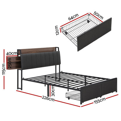 Artiss Metal Bed Frame Queen Size with 2-Tier Hidden Storage with Charging Station-Furniture > Bedroom > Beds &amp; Bed Frames-PEROZ Accessories
