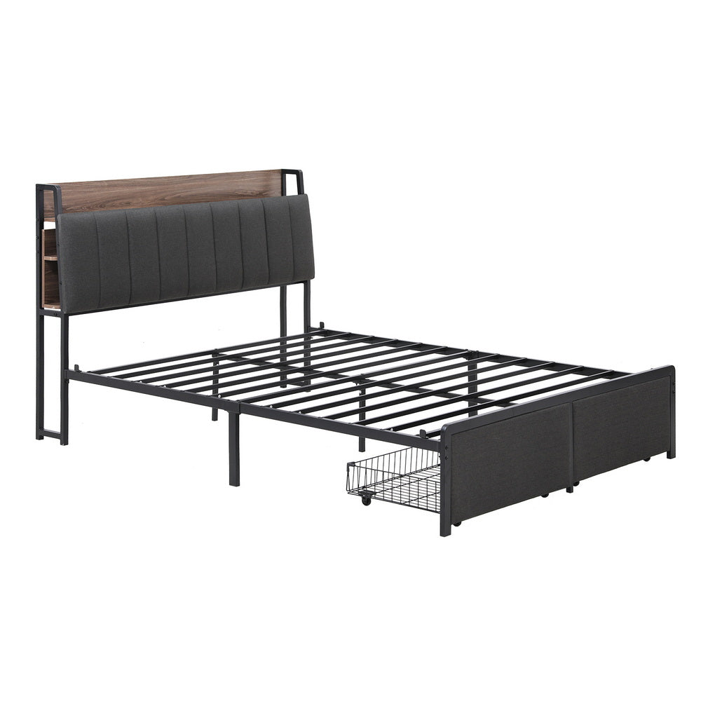 Artiss Metal Bed Frame Queen Size with 2-Tier Hidden Storage with Charging Station-Furniture > Bedroom > Beds &amp; Bed Frames-PEROZ Accessories