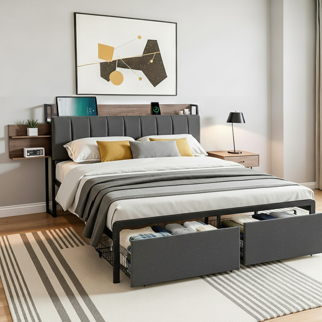 Artiss Metal Bed Frame Queen Size with 2-Tier Hidden Storage with Charging Station-Furniture > Bedroom > Beds &amp; Bed Frames-PEROZ Accessories