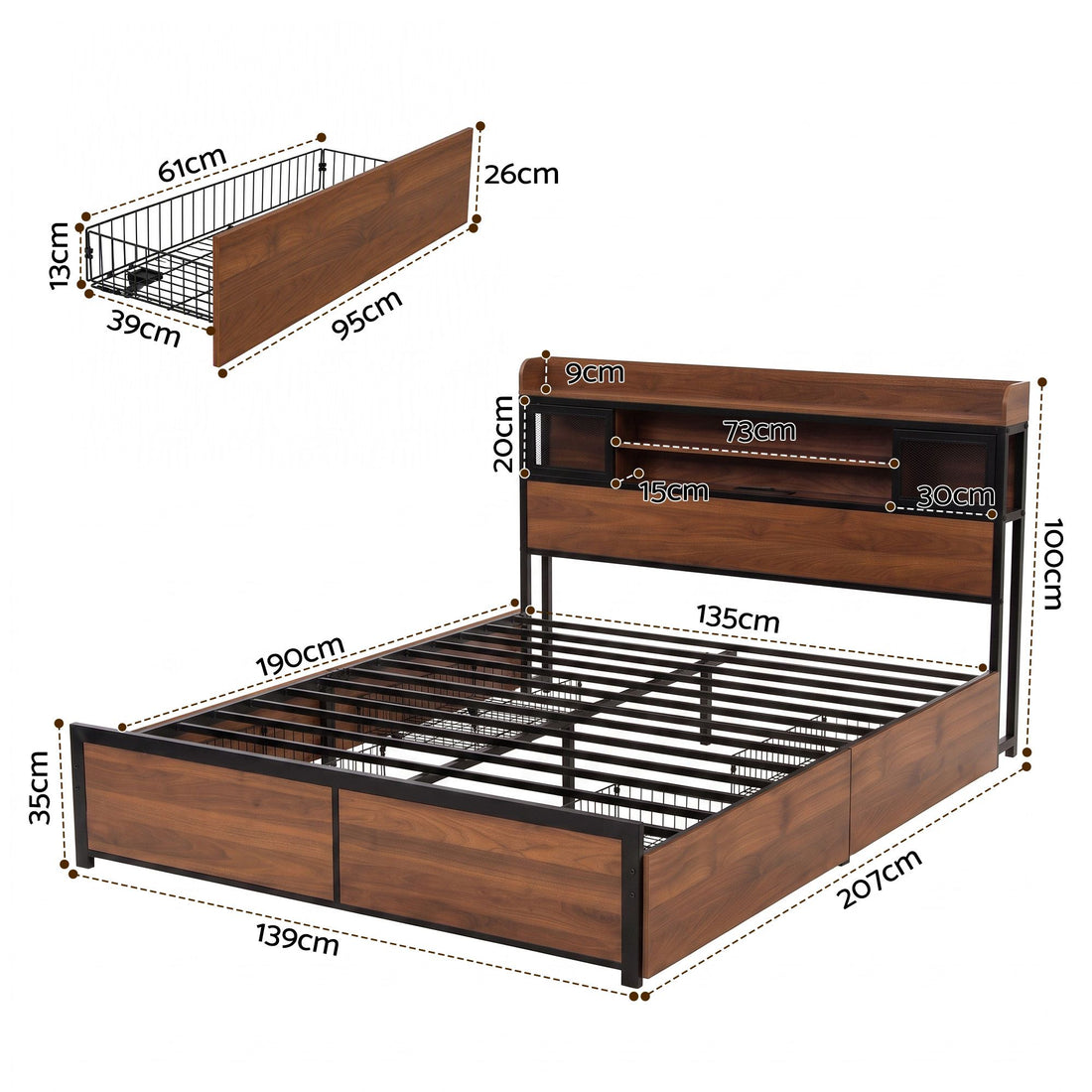 Artiss Double Bed Frame with Charging Station 4 Drawers Storage Oak-Furniture > Bedroom > Beds &amp; Bed Frames-PEROZ Accessories