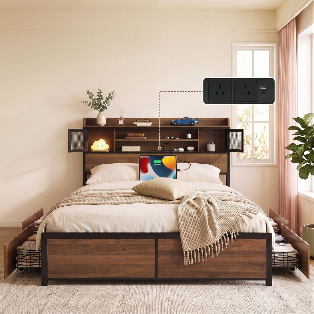 Artiss Queen Bed Frame with Charging Station 4 Drawers Storage Oak-Furniture > Bedroom > Beds &amp; Bed Frames-PEROZ Accessories