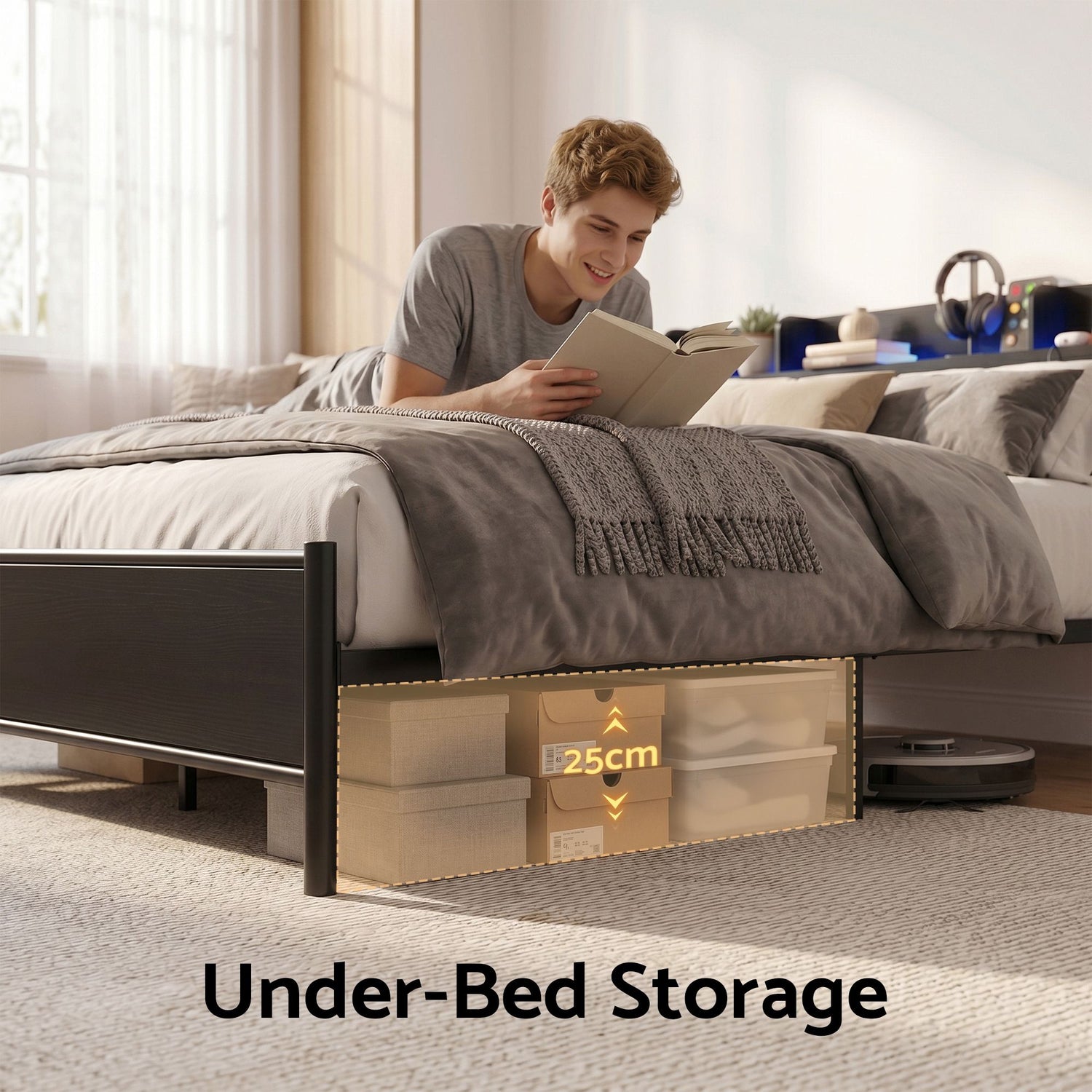 Artiss Bed Frame Queen Size with Storage Shelf Headboard Charging Station GRID