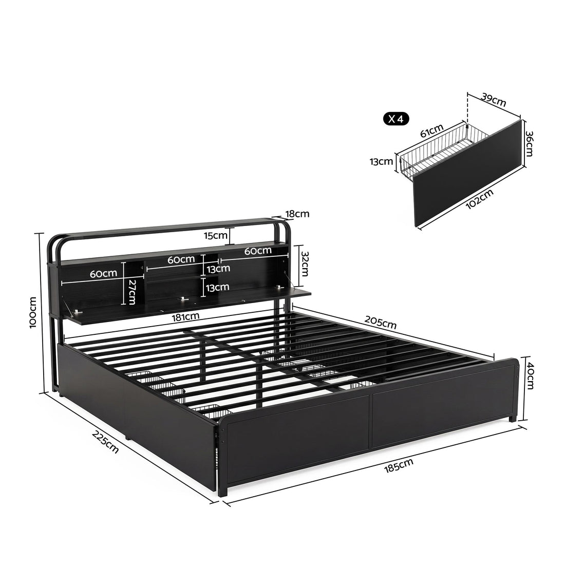 Artiss King Metal Bed Frame 4 Drawers Hidden Storage Headboard HEDY-Furniture > Bedroom > Beds &amp; Bed Frames-PEROZ Accessories