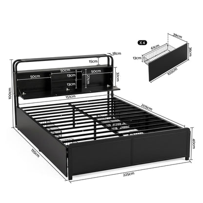Artiss Queen Metal Bed Frame 4 Drawers Hidden Storage Headboard HEDY