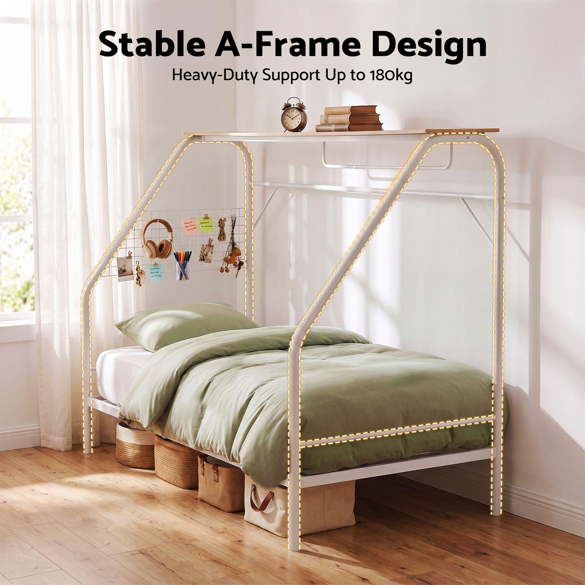 Artiss Single House Bed Frame Metal Canopy Bed Storage Shelf for Kids White-Furniture > Bedroom > Beds &amp; Bed Frames-PEROZ Accessories