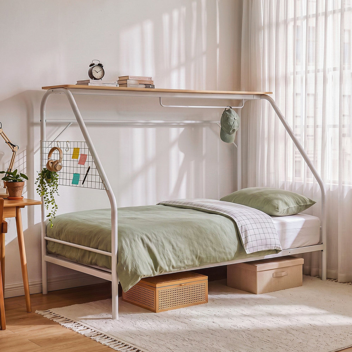 Artiss Single House Bed Frame Metal Canopy Bed Storage Shelf for Kids White-Furniture > Bedroom > Beds &amp; Bed Frames-PEROZ Accessories